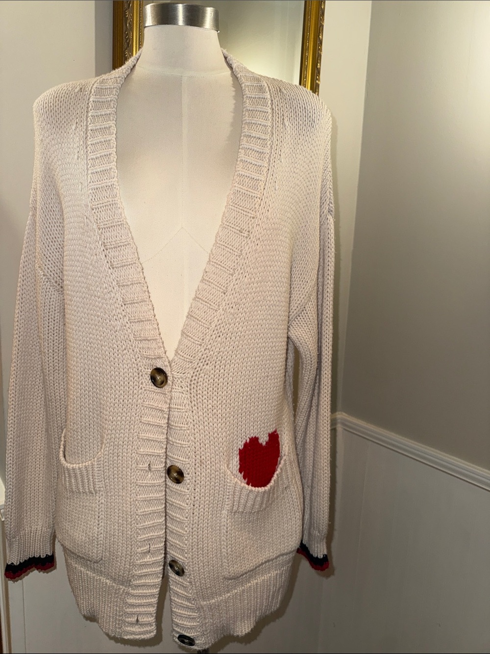 Sundry Cream Sweater with Red/Blue Striped Trim/Red Heart Above Pocket. Size 2.